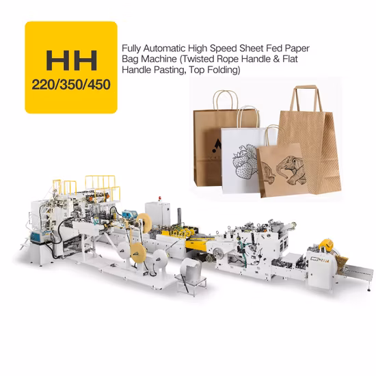 꼬인 밧줄과 플랫 핸들이 인라인으로 있는 종이 봉지 만들기 기계